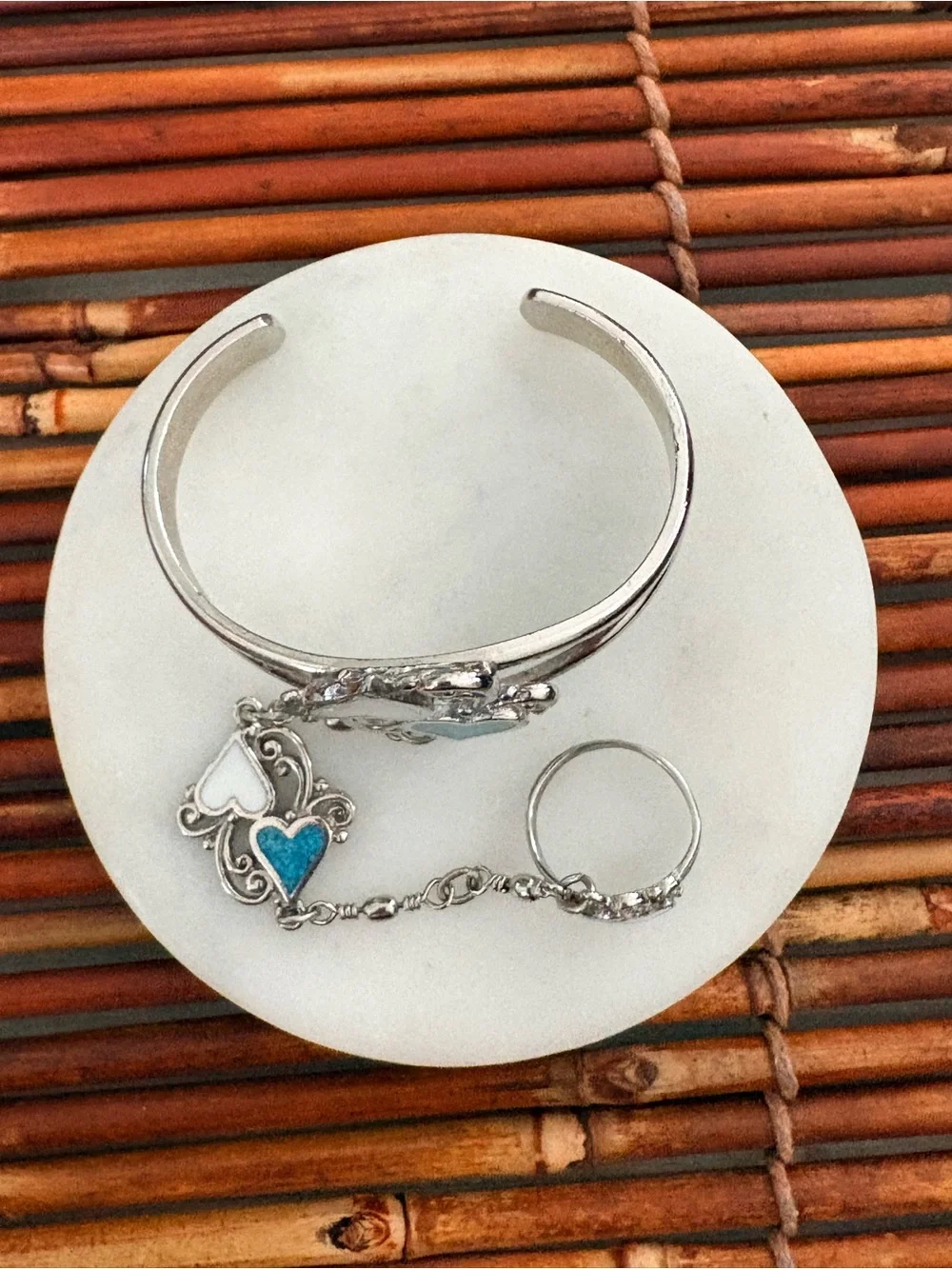 Silver Tone Heart Bracelet Faux Turquoise and Ring Size 7